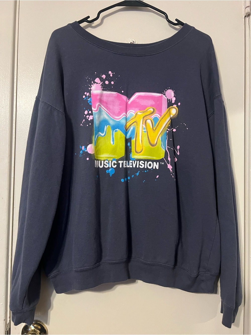 MTV Navy Crewneck Sweatshirt with Pink, Blue & Yellow Logo